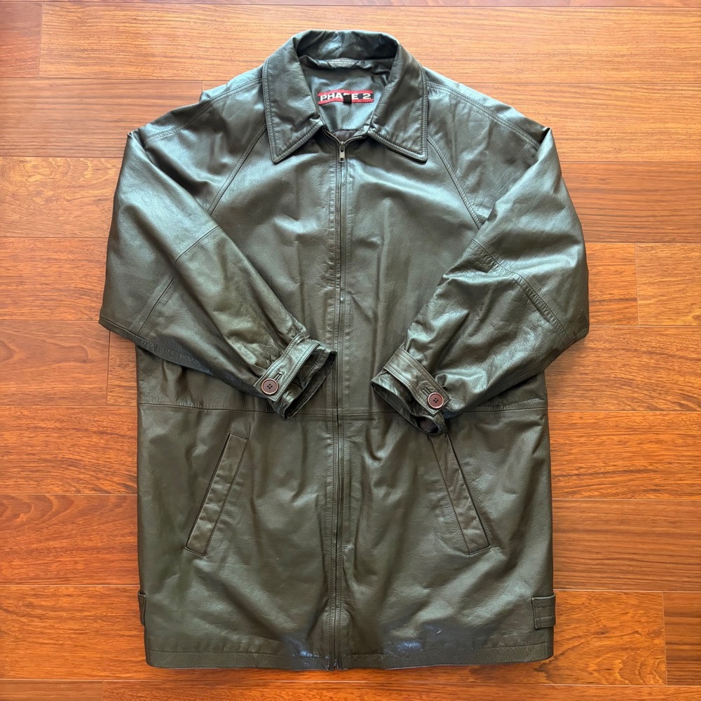 Phase 2 Mens Genuine Leather Jacket XL Reg Olive Brown Zip Car Coat Mid Length